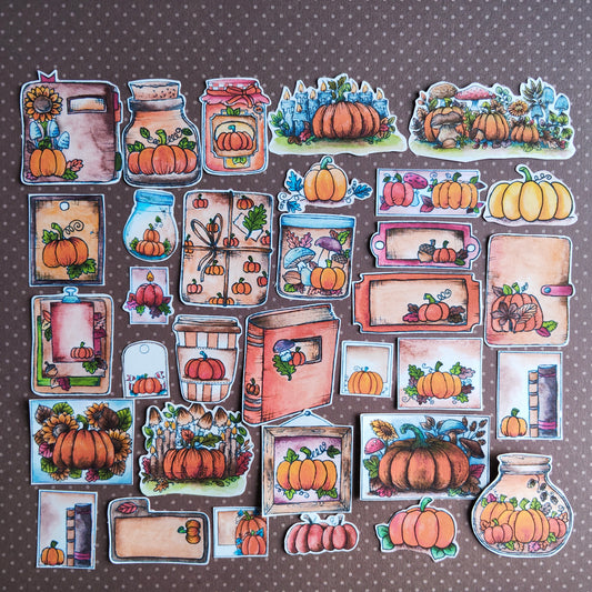 Stickers Citrouille Courge  – Lot d'autocollants à l’aquarelle - Illustrations Saison Automne Orange Halloween