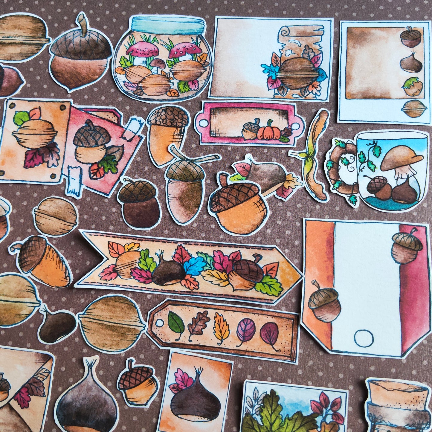 Stickers Automne Gland Marron Noix – Lot d'autocollants à l’aquarelle - Illustrations Saison Automnale Octobre Novembre