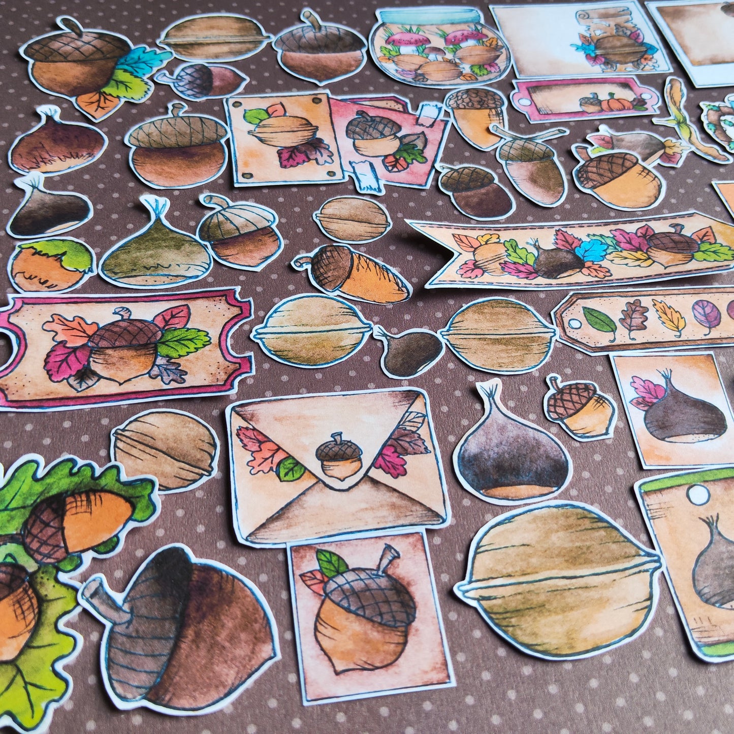 Stickers Automne Gland Marron Noix – Lot d'autocollants à l’aquarelle - Illustrations Saison Automnale Octobre Novembre