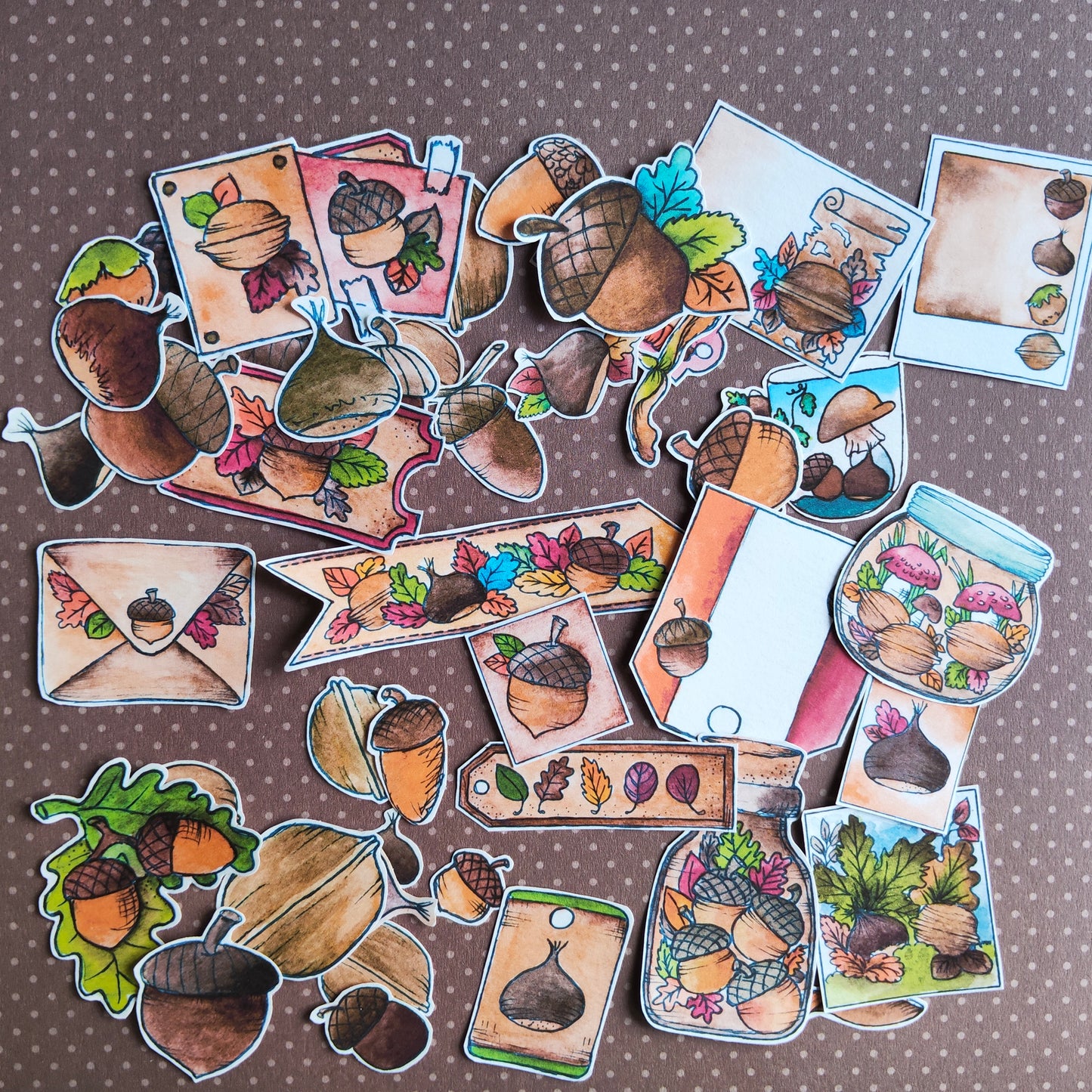 Stickers Automne Gland Marron Noix – Lot d'autocollants à l’aquarelle - Illustrations Saison Automnale Octobre Novembre