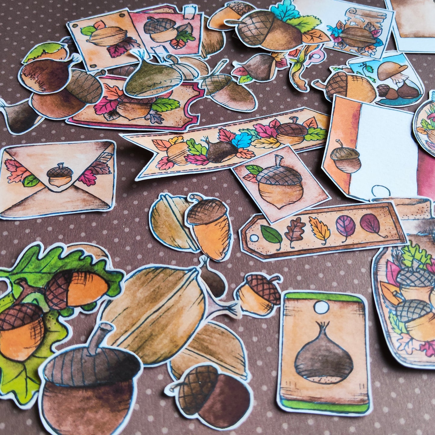 Stickers Automne Gland Marron Noix – Lot d'autocollants à l’aquarelle - Illustrations Saison Automnale Octobre Novembre