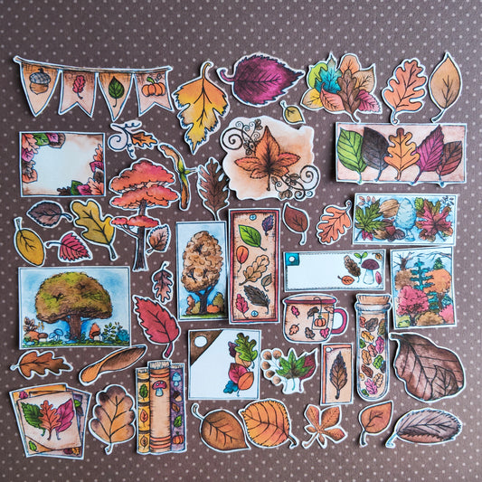 Stickers Arbre Feuille Feuillage Automne – Lot d'autocollants à l’aquarelle - Illustrations Saison Automnale Nature Forêt