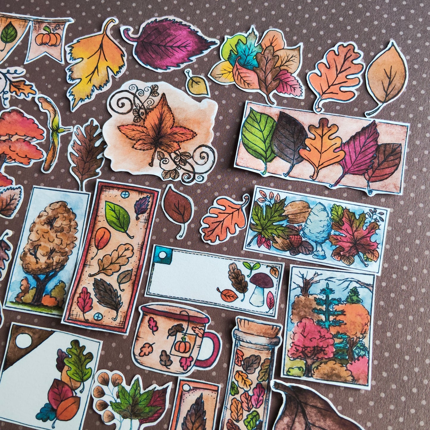Stickers Arbre Feuille Feuillage Automne – Lot d'autocollants à l’aquarelle - Illustrations Saison Automnale Nature Forêt