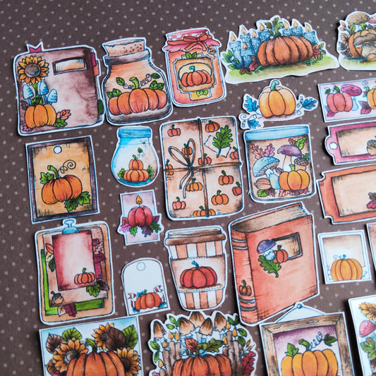 Stickers Citrouille Courge  – Lot d'autocollants à l’aquarelle - Illustrations Saison Automne Orange Halloween