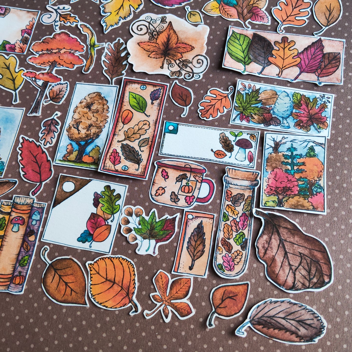 Stickers Arbre Feuille Feuillage Automne – Lot d'autocollants à l’aquarelle - Illustrations Saison Automnale Nature Forêt