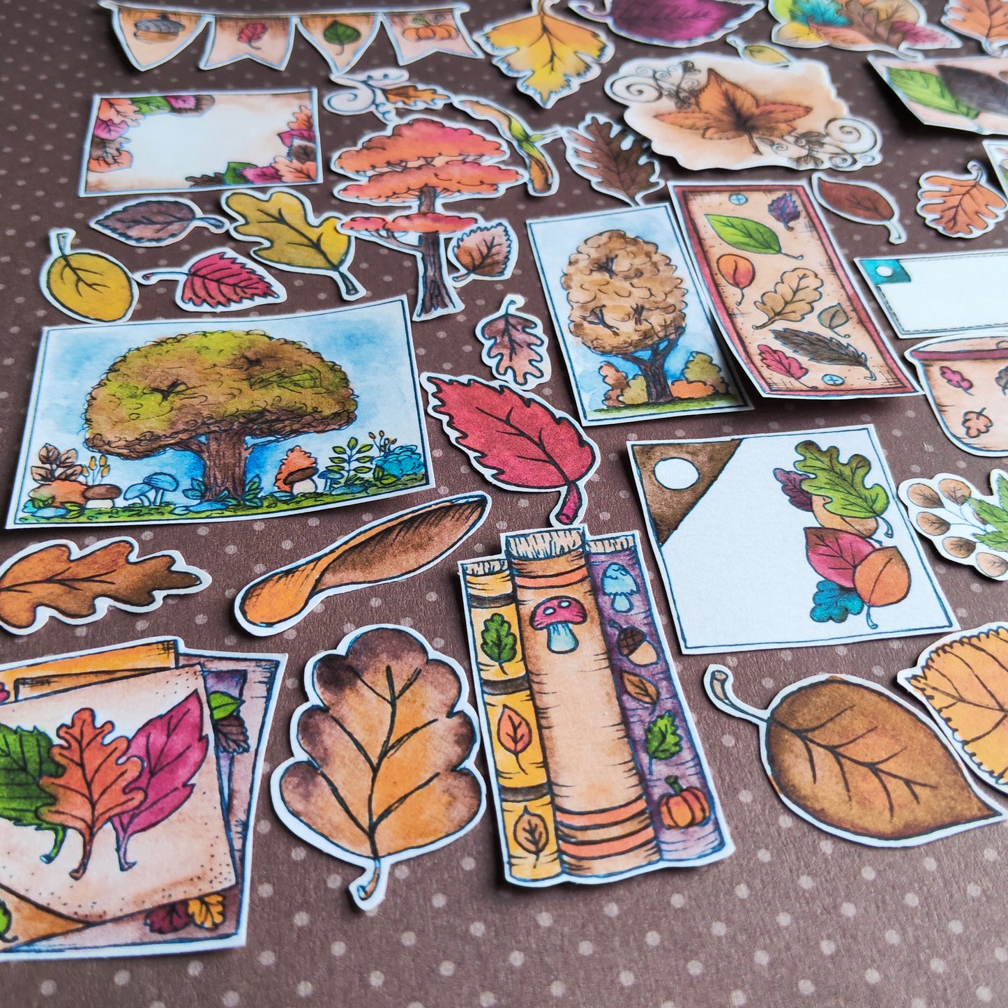 Stickers Arbre Feuille Feuillage Automne – Lot d'autocollants à l’aquarelle - Illustrations Saison Automnale Nature Forêt