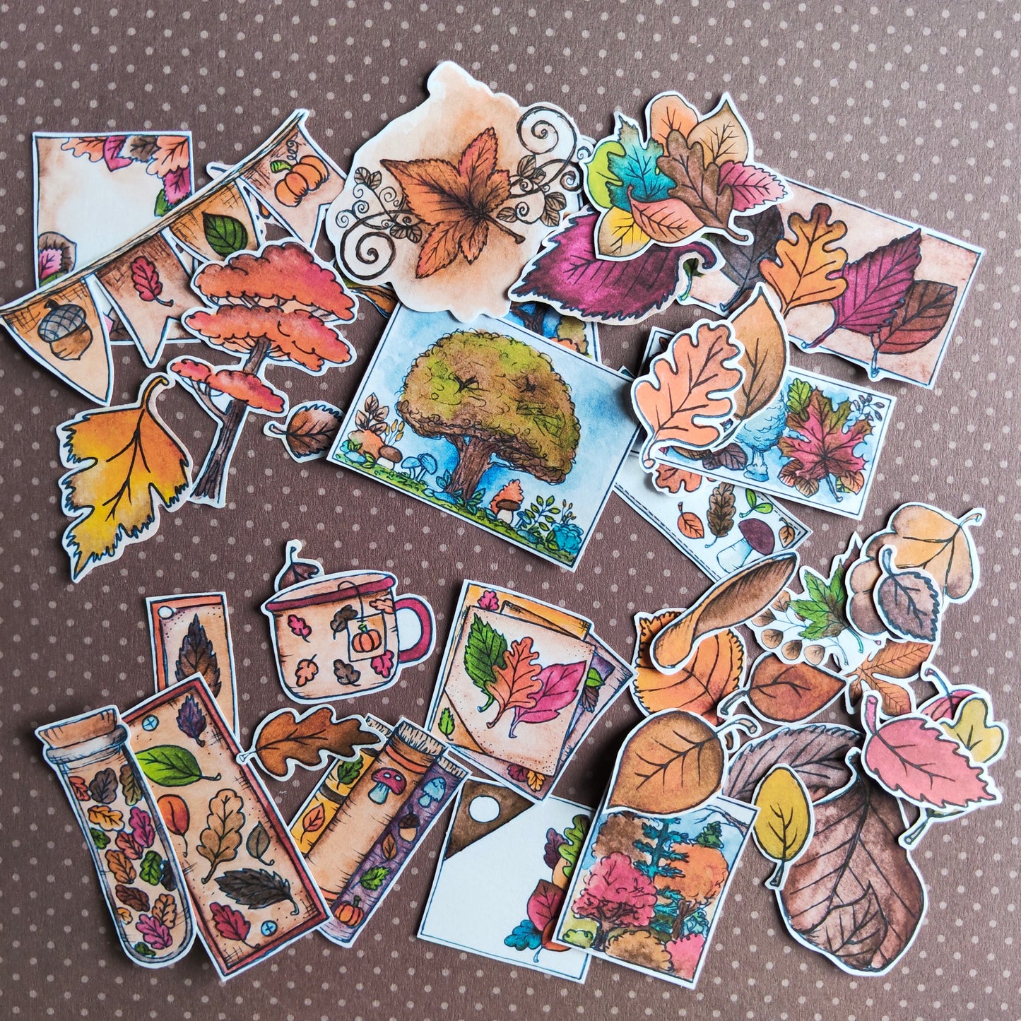 Stickers Arbre Feuille Feuillage Automne – Lot d'autocollants à l’aquarelle - Illustrations Saison Automnale Nature Forêt