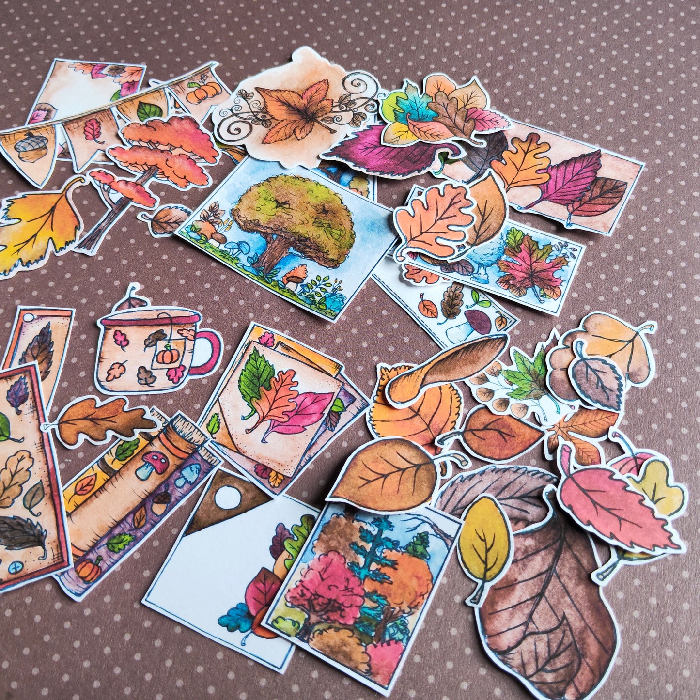 Stickers Arbre Feuille Feuillage Automne – Lot d'autocollants à l’aquarelle - Illustrations Saison Automnale Nature Forêt