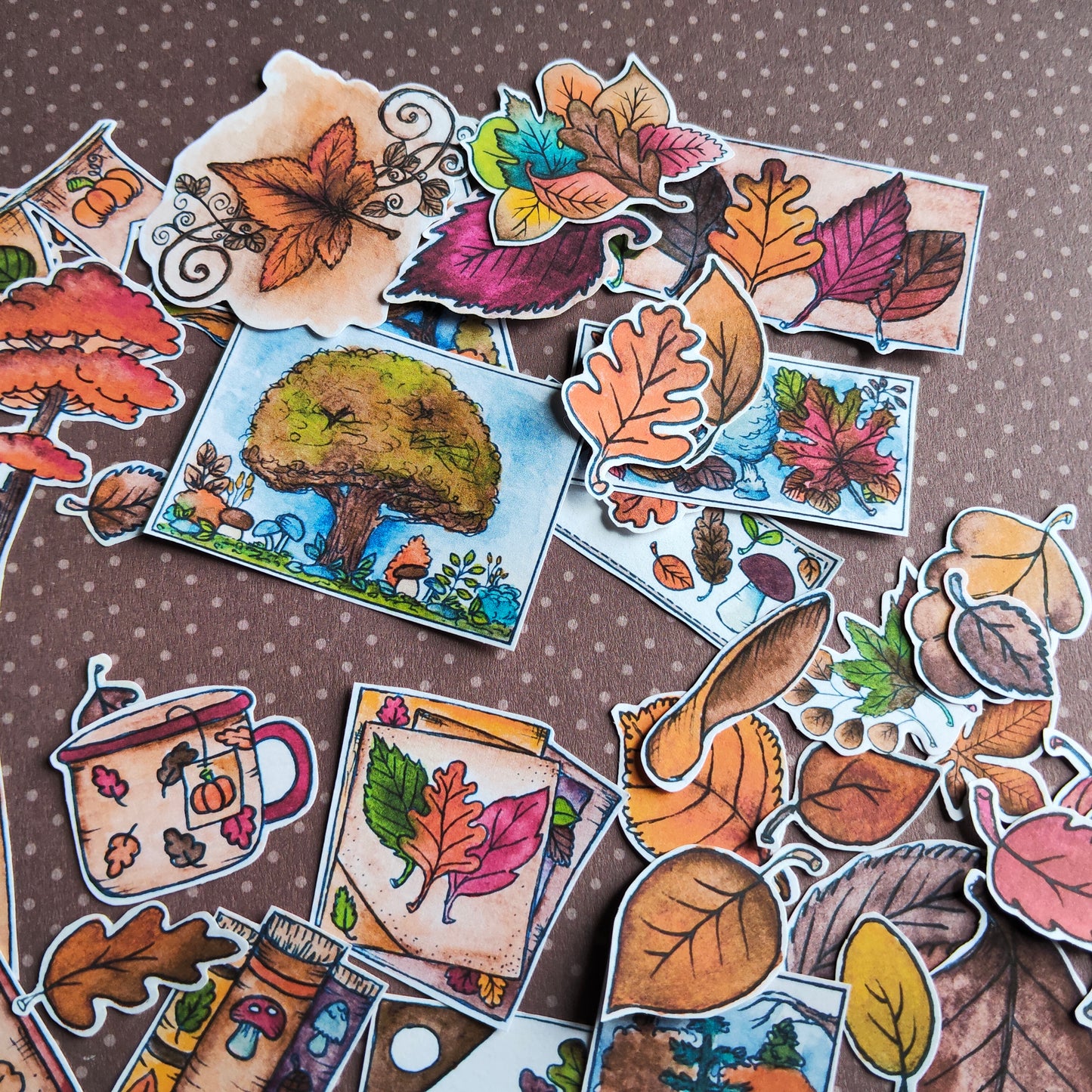 Stickers Arbre Feuille Feuillage Automne – Lot d'autocollants à l’aquarelle - Illustrations Saison Automnale Nature Forêt