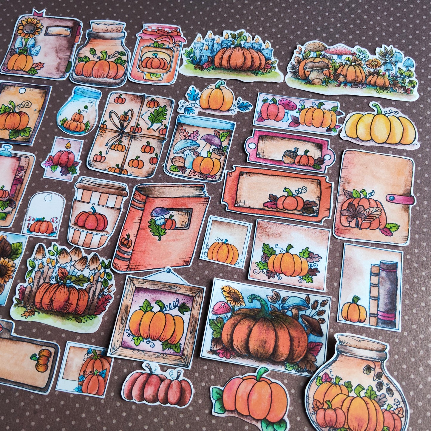 Stickers Citrouille Courge  – Lot d'autocollants à l’aquarelle - Illustrations Saison Automne Orange Halloween