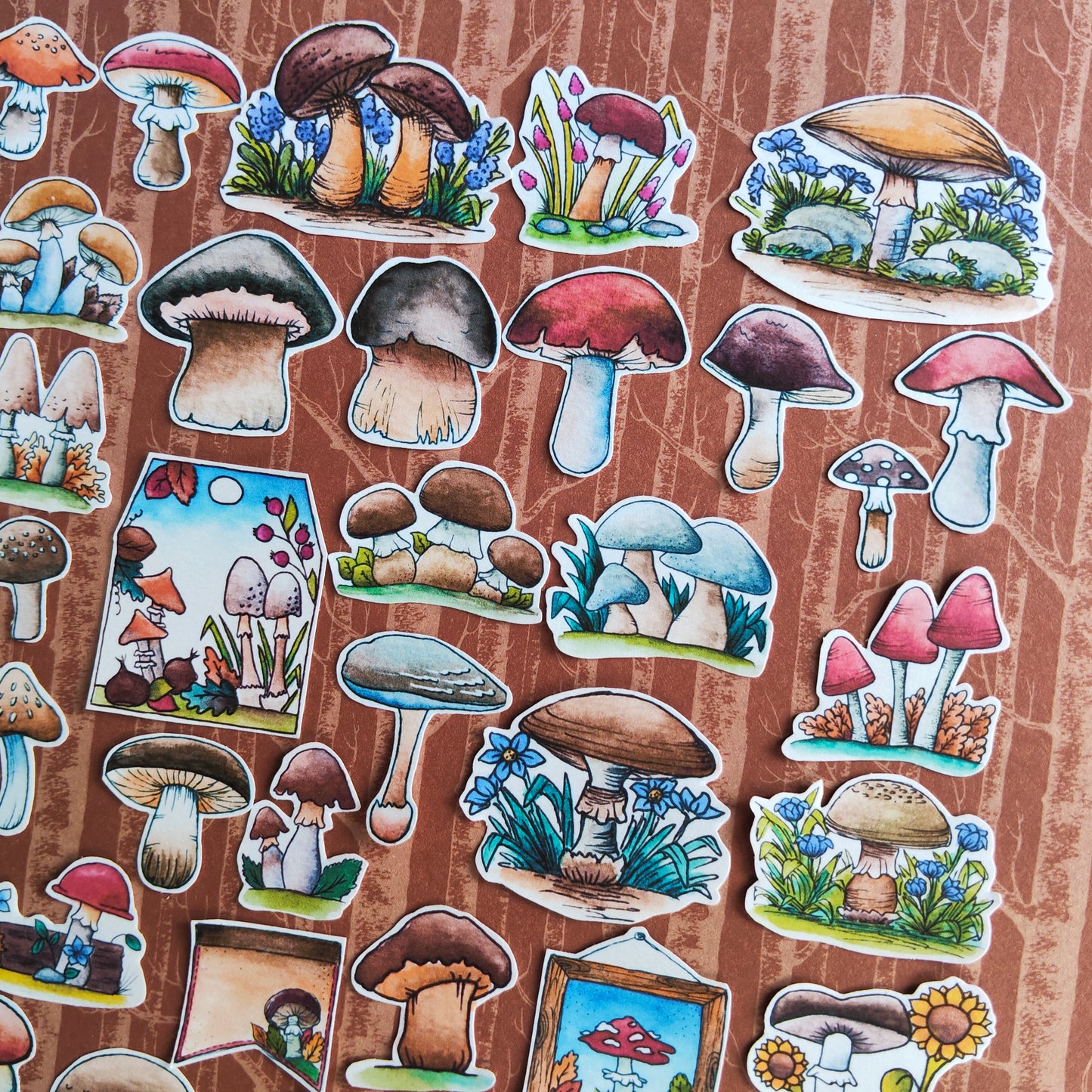Stickers Champignon Automne – Lot d'autocollants à l’aquarelle - Illustrations Saison Automnale Forêt