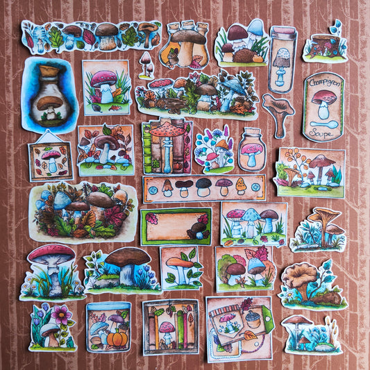 Stickers Champignon – autocollants illustration dessin peinture aquarelle - Saison Automne décoration journaling