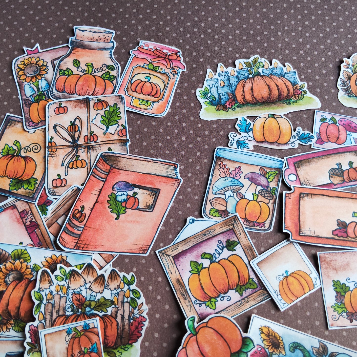 Stickers Citrouille Courge  – Lot d'autocollants à l’aquarelle - Illustrations Saison Automne Orange Halloween