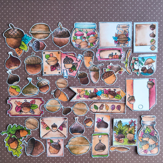 Stickers Automne Gland Marron Noix – Lot d'autocollants à l’aquarelle - Illustrations Saison Automnale Octobre Novembre