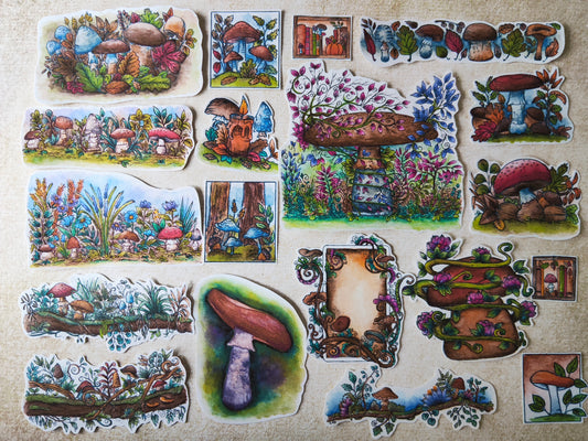 Lot de 19 Stickers Aquarelle – Fleurs, Champignons et Esprit Cottagecore