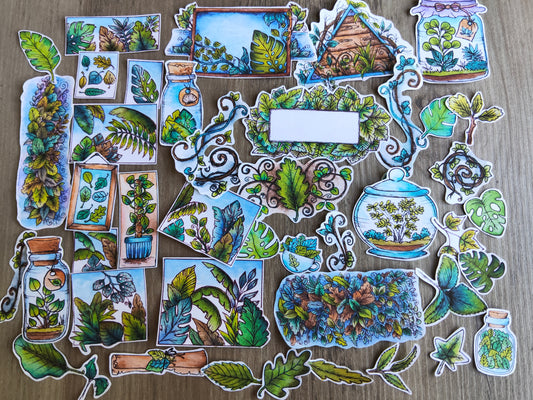 Lot de stickers feuillages – 44 autocollants illustrés à l’aquarelle, ambiance plantes, nature et terrariums