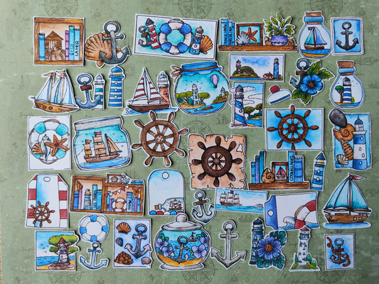 Stickers bord de mer – Lot de 40 autocollants marins à l’aquarelle - Thème océan, phares et bateaux