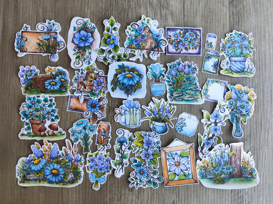 Lot de stickers fleurs bleues Violet – 28 autocollants floraux illustrés à l’aquarelle, ambiance botanique et nature