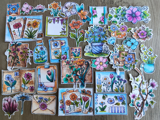 Stickers fleurs à l’aquarelle – Lot de 33 autocollants illustrés – Fleurs colorées, carnets botaniques, vases fleuris, papeterie créative