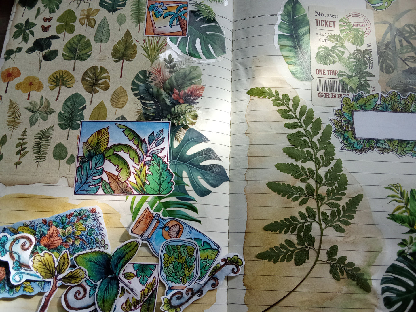 Lot de stickers feuillages – 44 autocollants illustrés à l’aquarelle, ambiance plantes, nature et terrariums