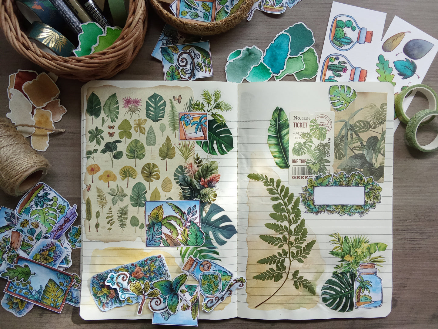 Lot de stickers feuillages – 44 autocollants illustrés à l’aquarelle, ambiance plantes, nature et terrariums