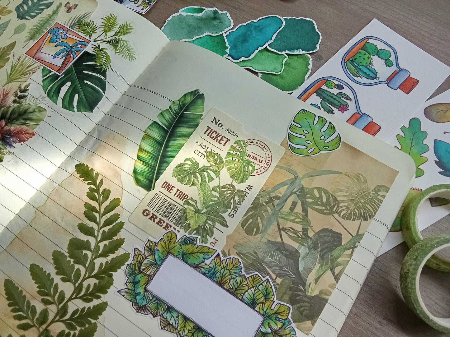 Lot de stickers feuillages – 44 autocollants illustrés à l’aquarelle, ambiance plantes, nature et terrariums